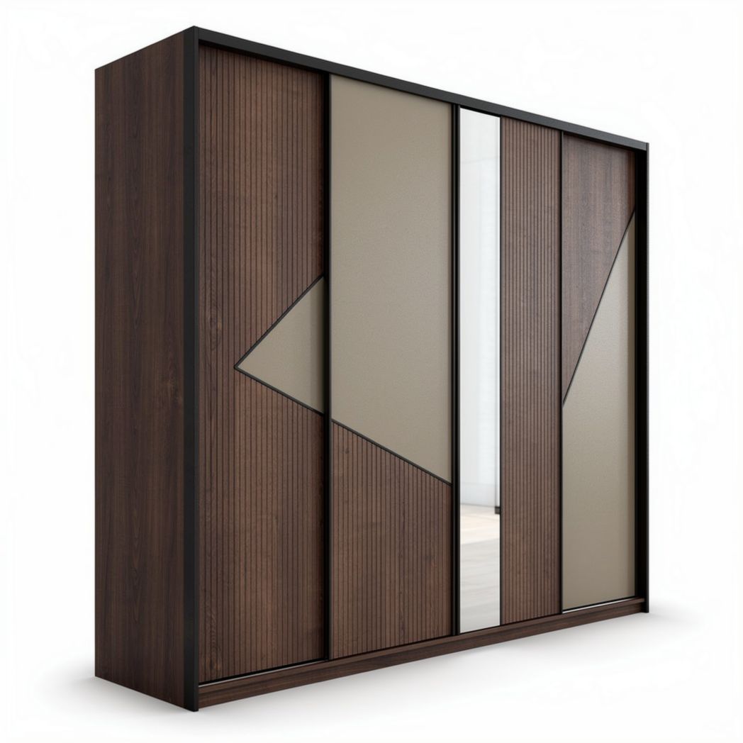 Modern sliding wardrobe with mirror and textured panels in dark wood finish 180 x 200 x 60cm