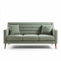 Three-seater sofa in sage green fabric with cushion support and wooden legs