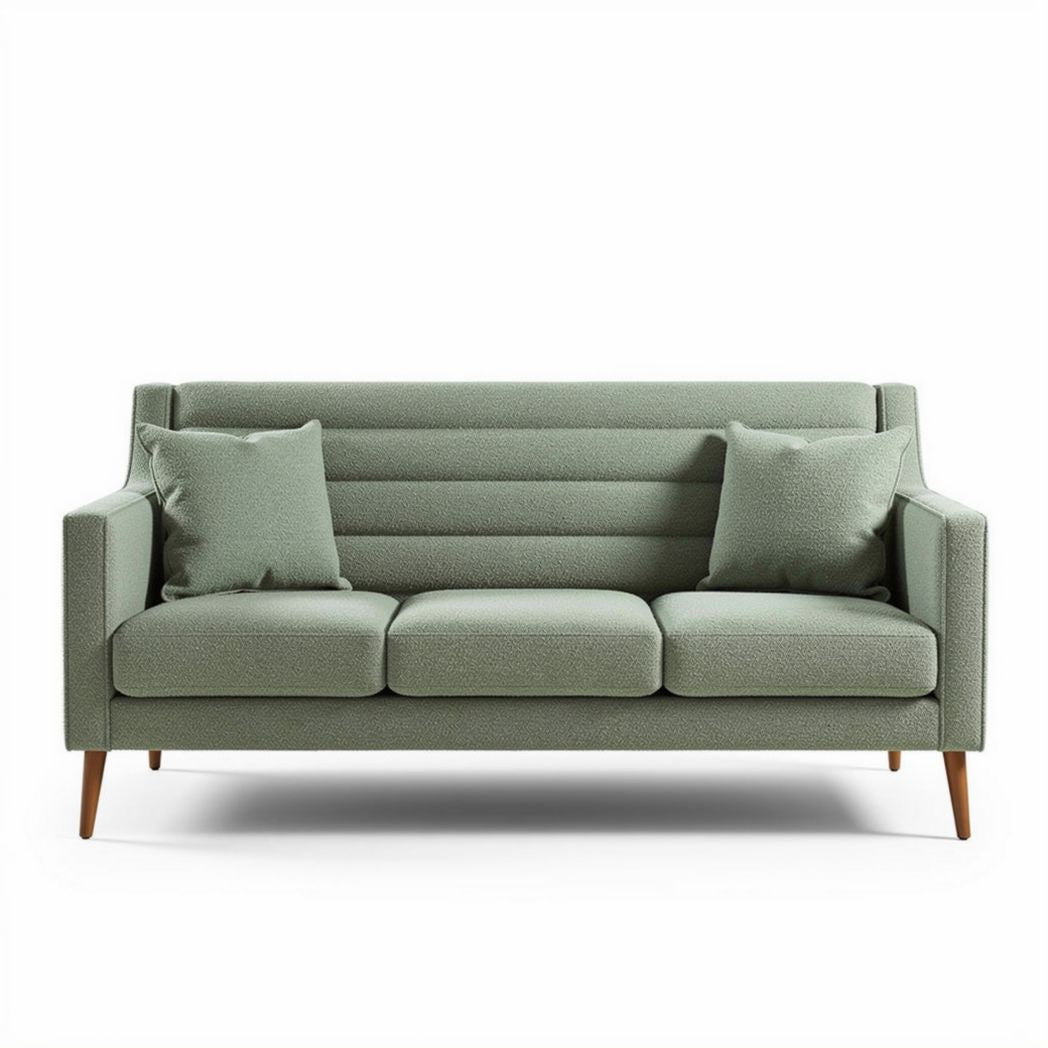 Three-seater sofa in sage green fabric with cushion support and wooden legs
