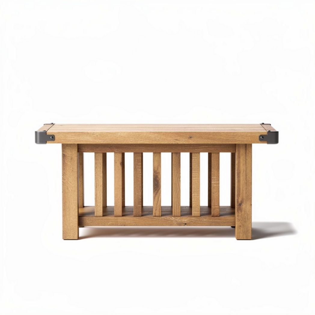 Wooden entryway bench with slatted design and metal accents 90 x 40 x 45cm