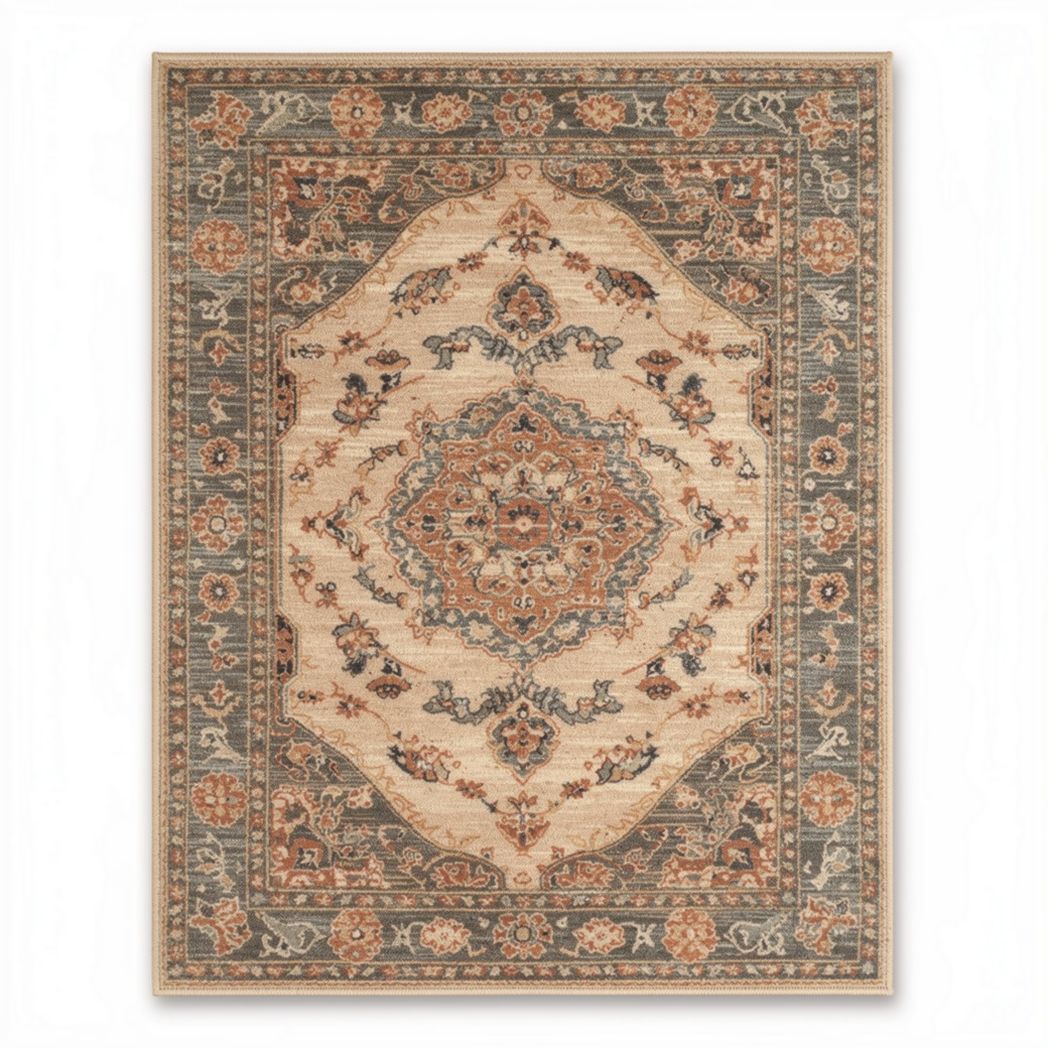 Traditional area rug with intricate floral pattern in beige and blue 200 x 300 x 1cm