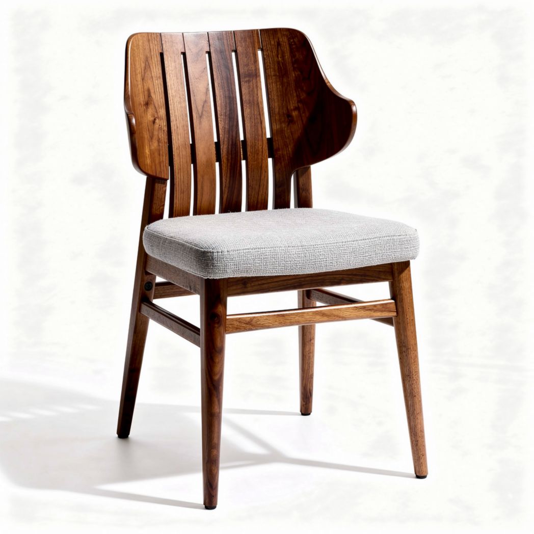 Wood dining chair with grey upholstered seat and slatted back design 45 x 45 x 85cm
