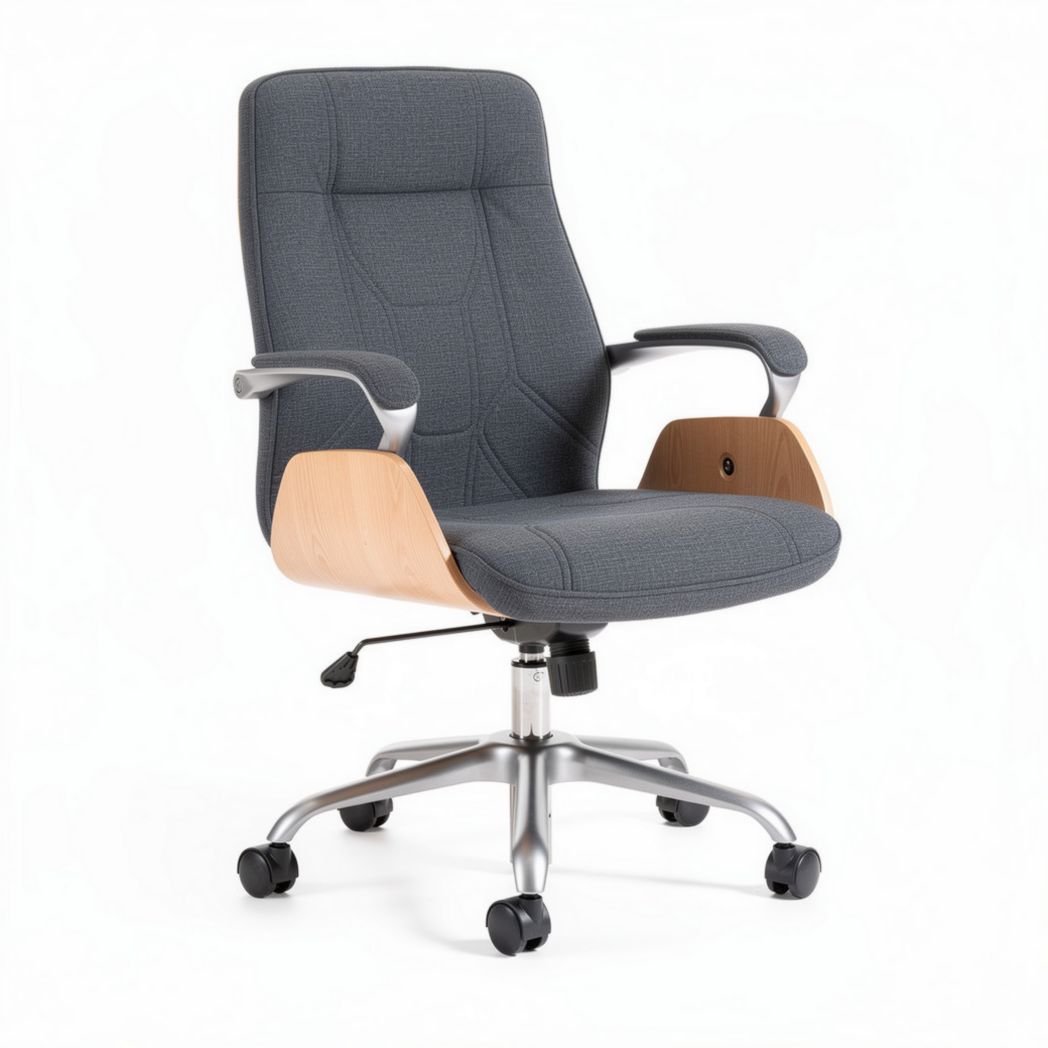 Office chair with gray fabric upholstery and wooden armrests 60 x 60 x 100cm