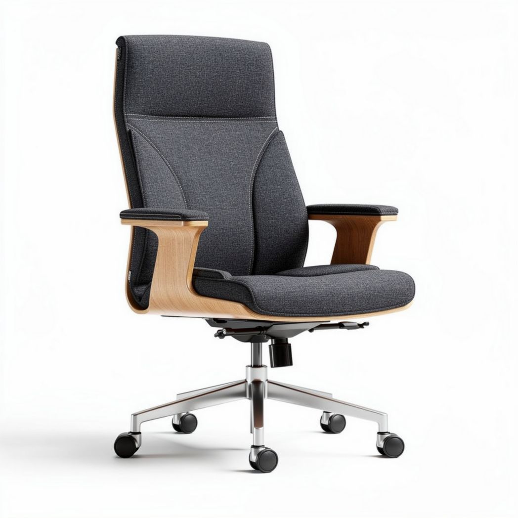 Wooden and leather swivel office chair with adjustable height in black and brown