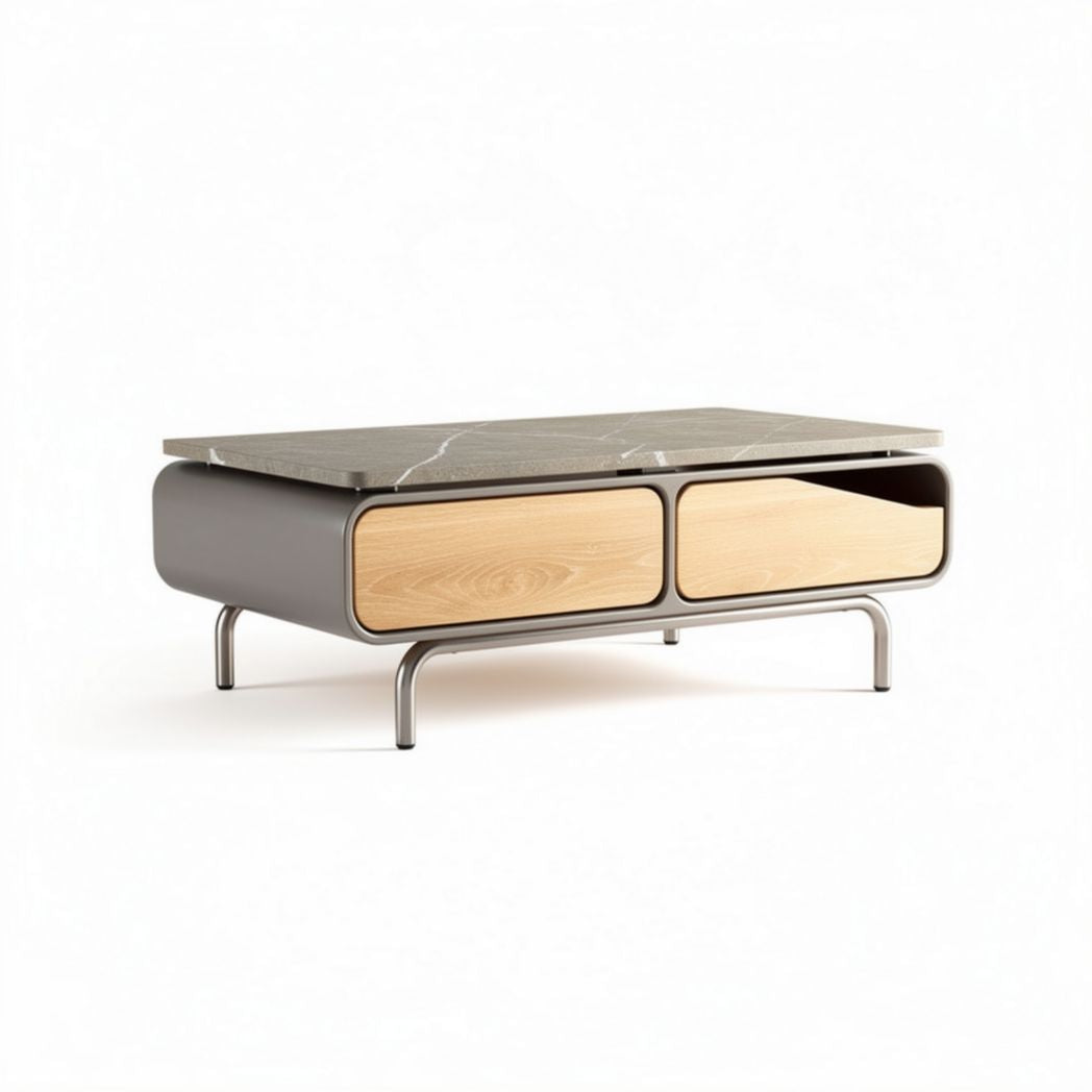 Coffee table with marble top and wooden storage drawers 120 x 60 x 40cm
